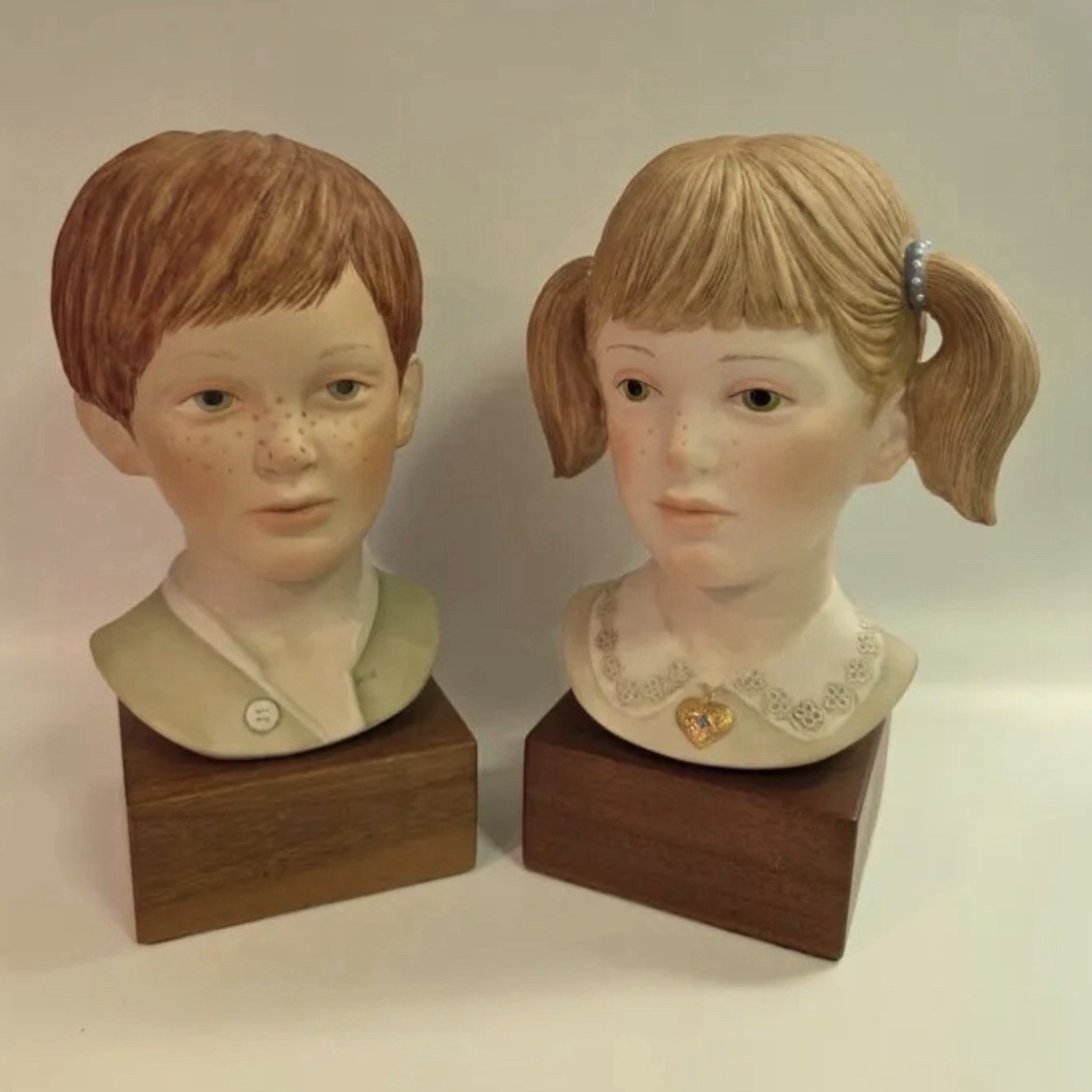 Hand Painted Ceramic Jeremy&Jen Bust Figurines on Wood Bases Multicolor Set of 2