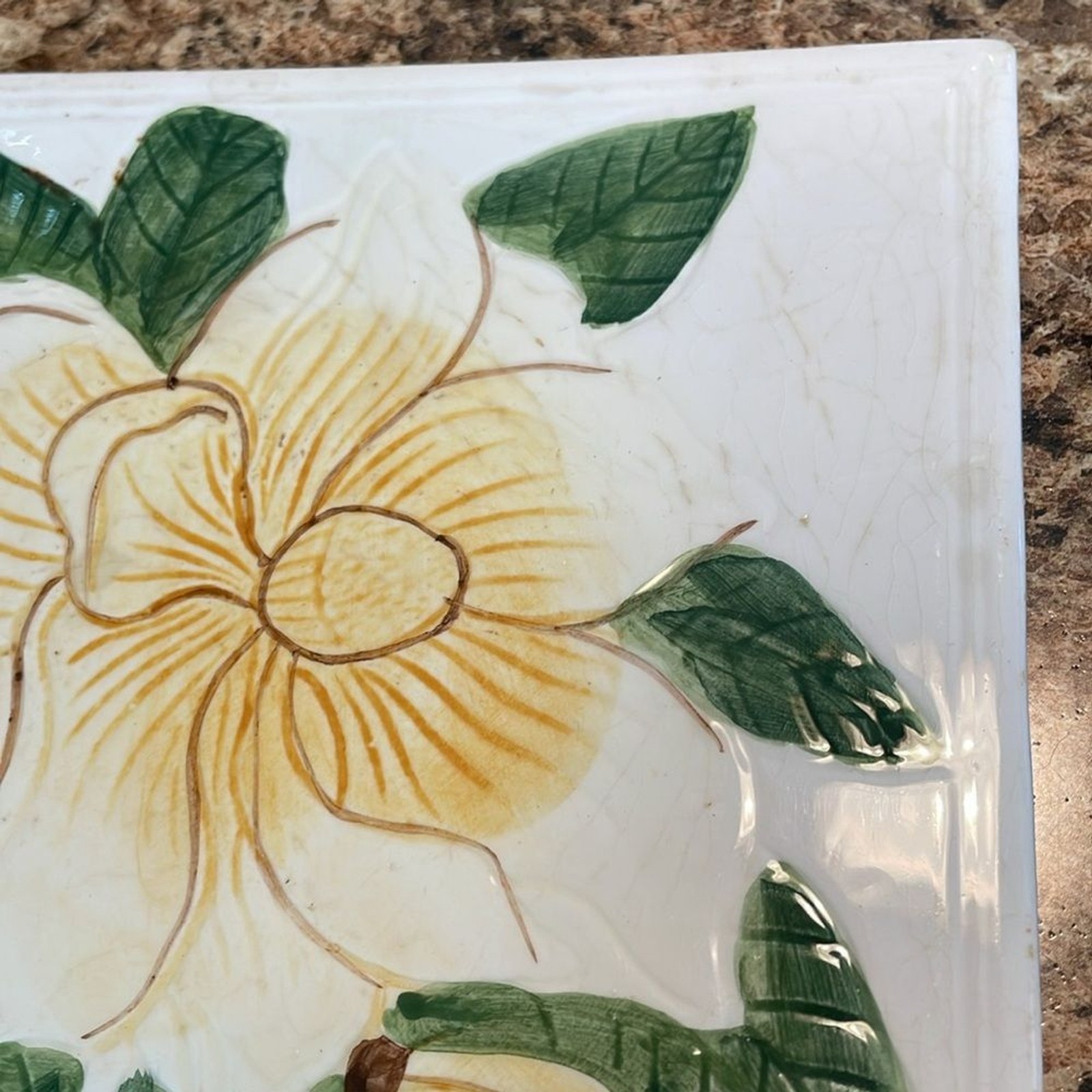 Decorative Ceramic Tile Magnolia Flower Embossed Leaves‎ Cork Back Coaster Art