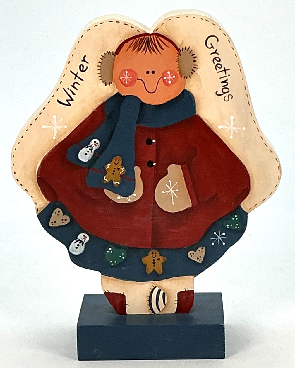 Vintage Country Christmas Folk Art Wooden “Angel” Girl Winter Greetings