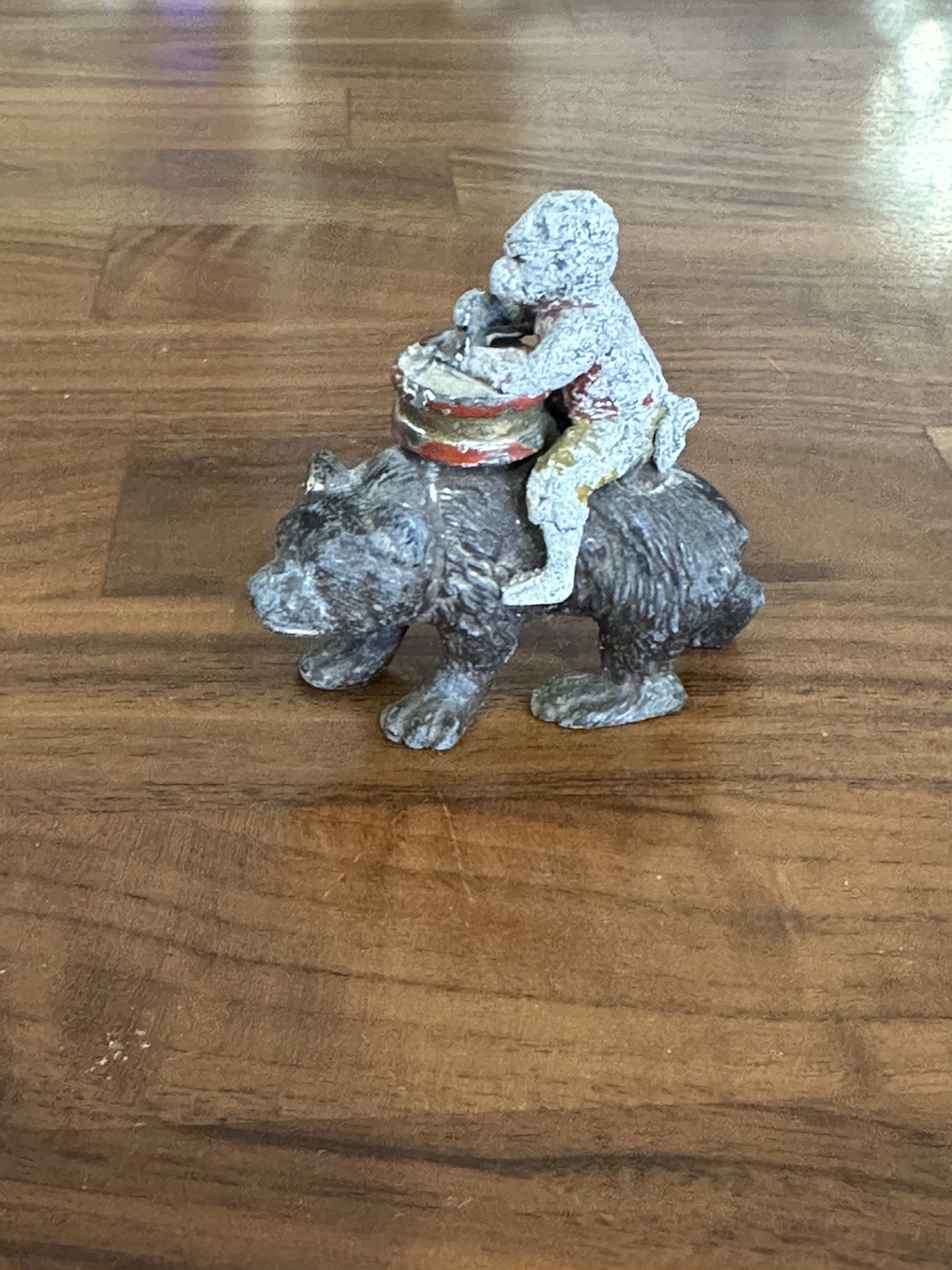 Antique Miniature Spelter Figurine Circus Monkey Riding A Bear
