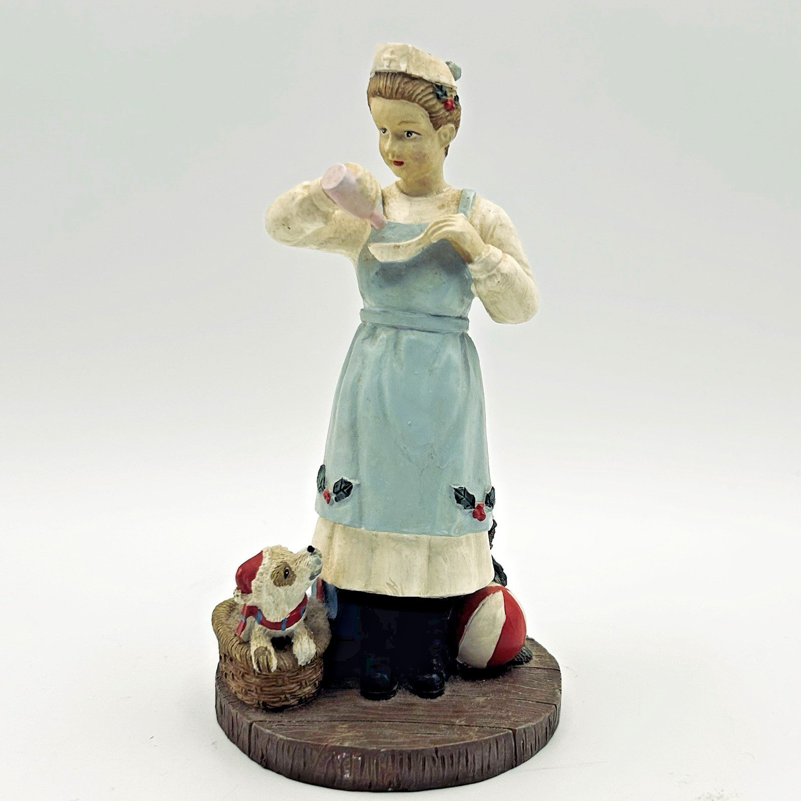 Vtg 1993 Nurse Figurine Stone Resin 6in Puppy Christmas Tree Signed NA Americana