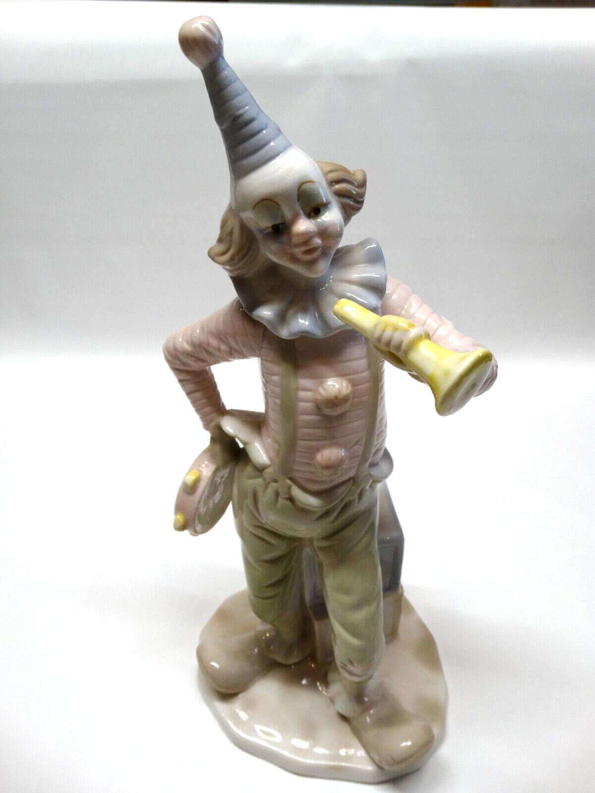 Vintage Porcelain Clown With Horn & Tambourine On Baby Blocks 12 + Inch