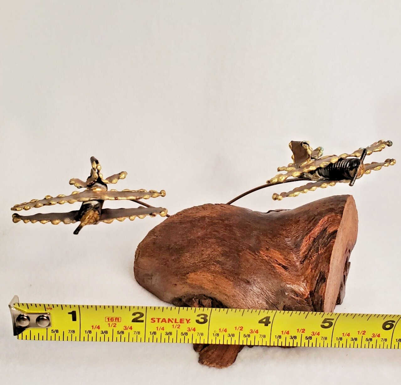 Vintage Wood and Metal Sculpture Planes in Flight on Driftwood Base