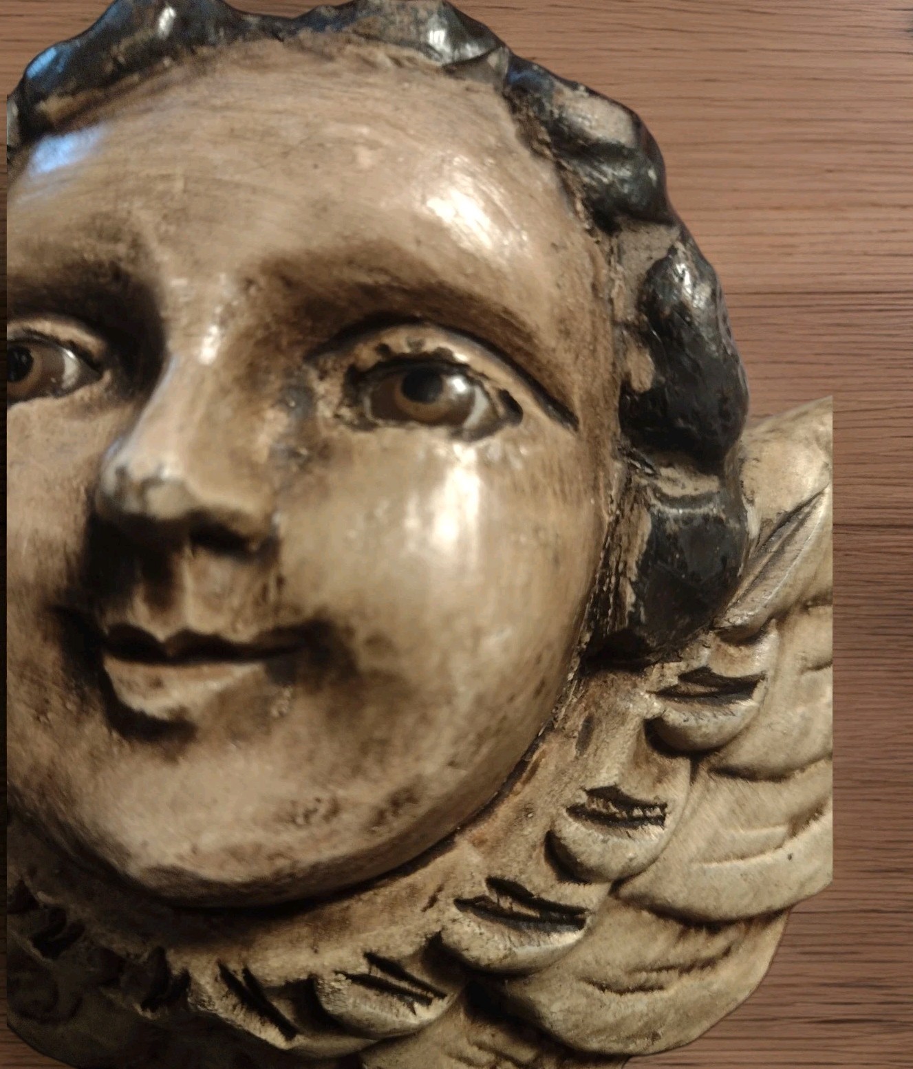 Antique Carved Wood Polychrome Putto Putti Angel Head with Glass Eyes READ