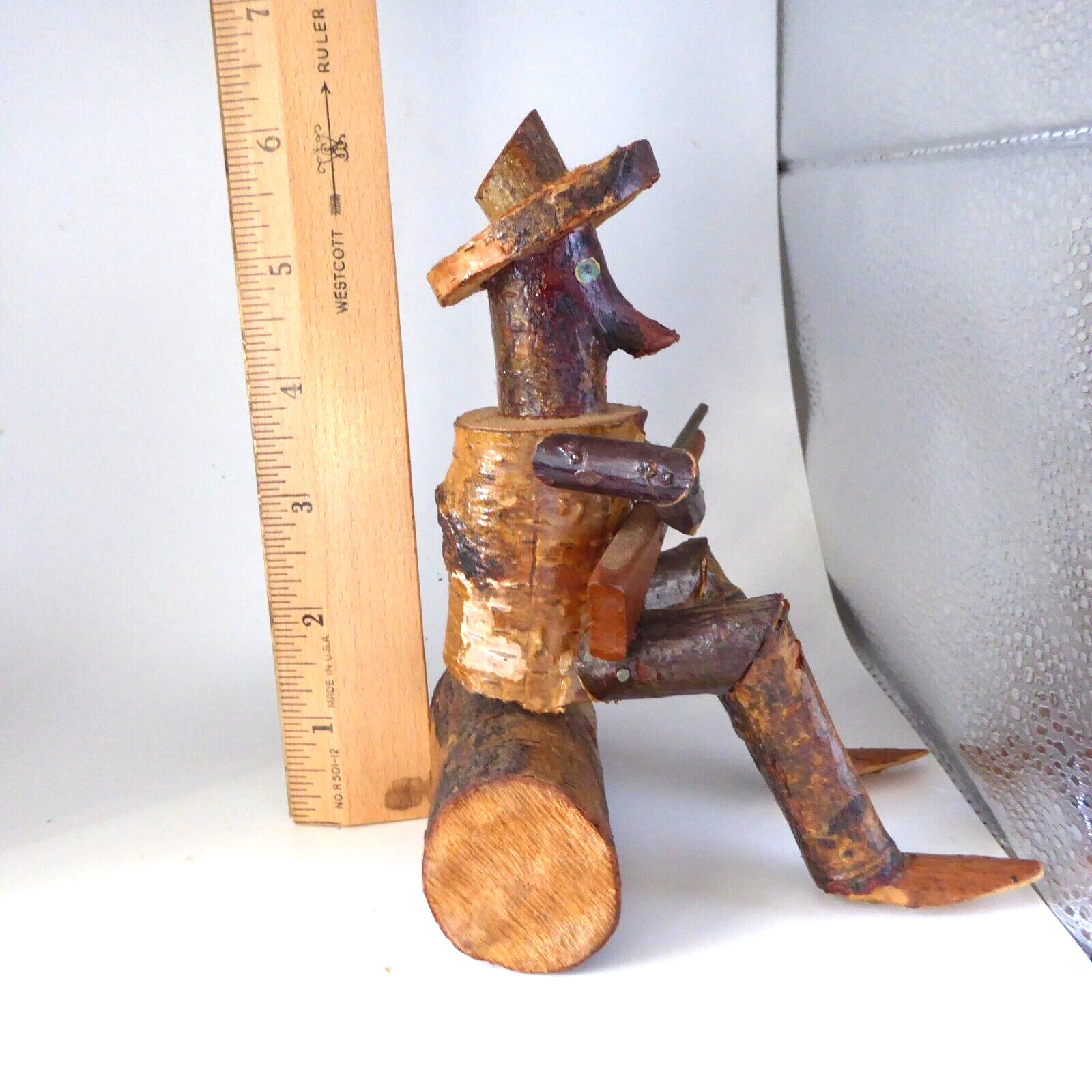 Vintage Artist Folk Art Wood Man With Rifle Sitting On Tree Figurine Folk Art