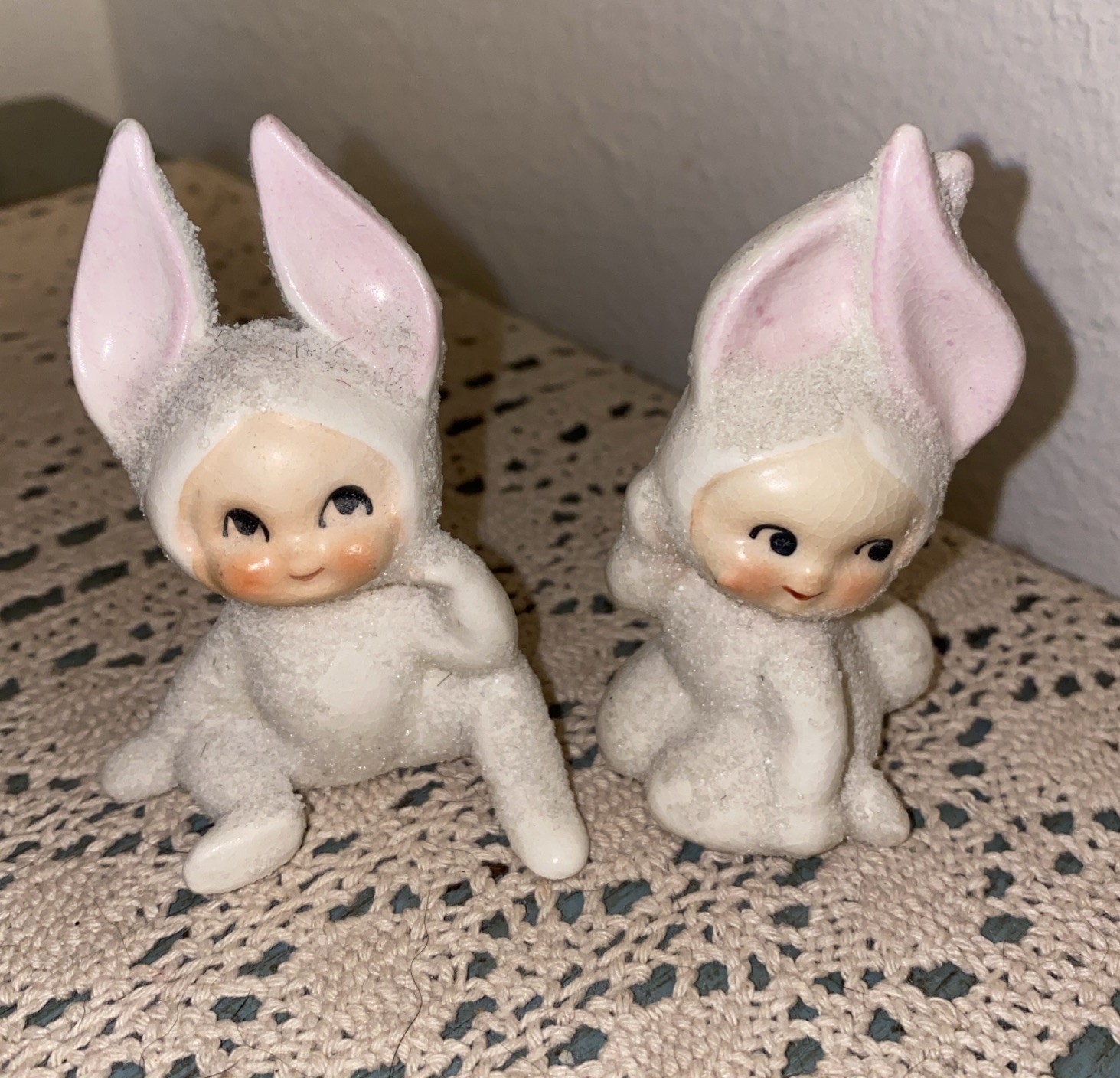 Vintage Lefton (?) Snow Bunny Sugared Pixie Figurines Made in Japan Set Of 2