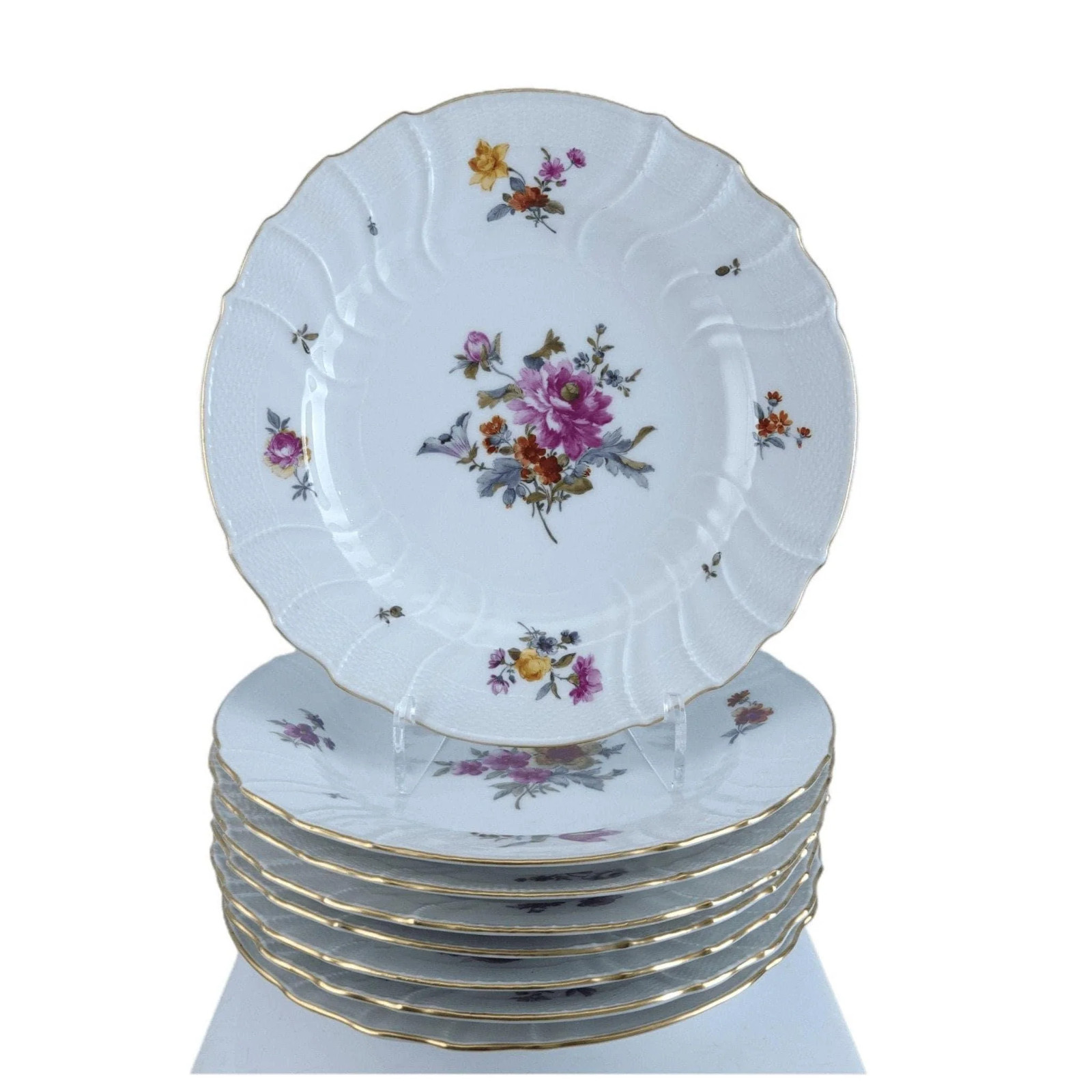 Antique KPM Basketweave Hand Painted Dresden Flowers Pattern Dinner Plates 9.75″