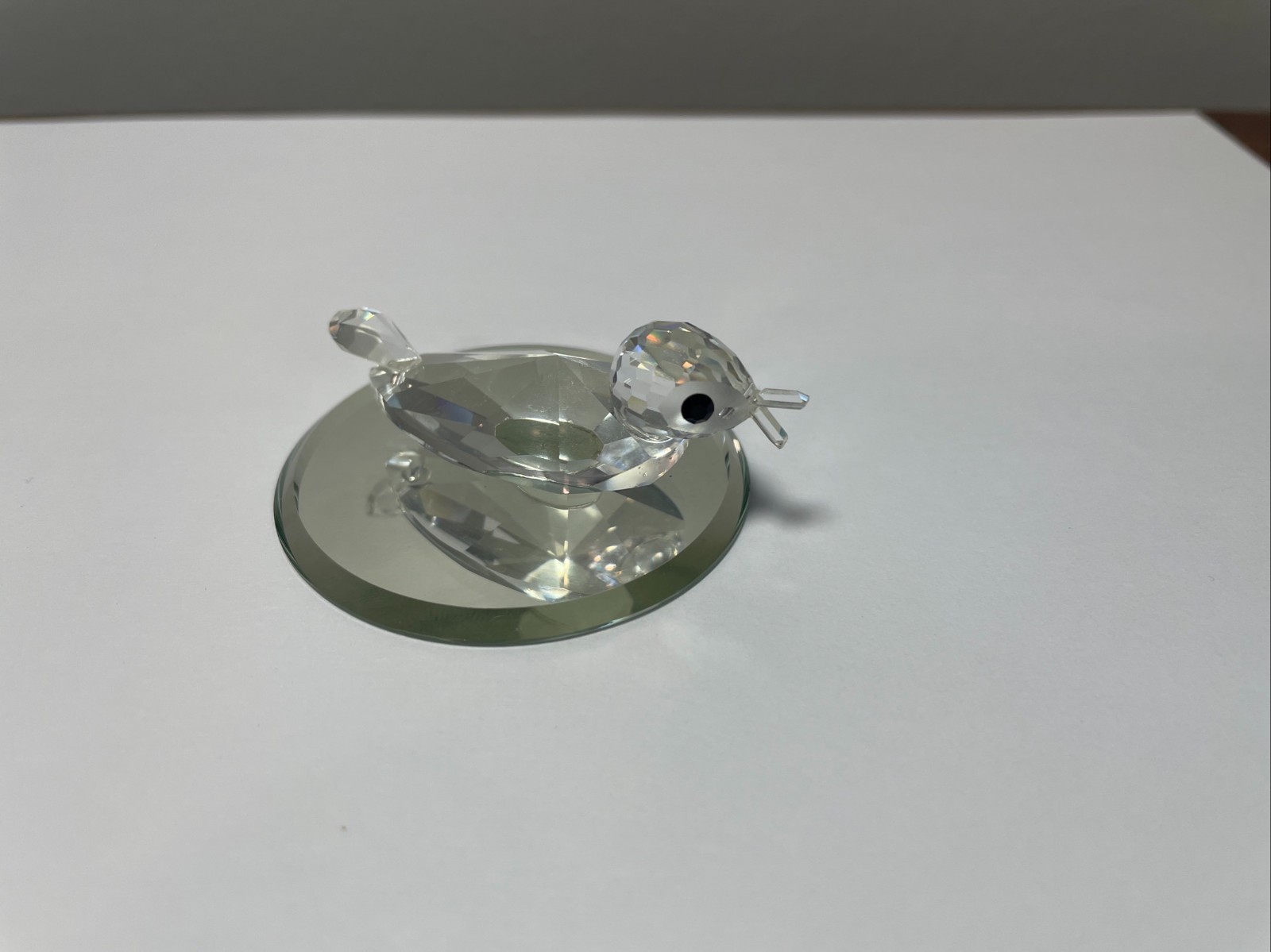 Clear Faceted Glass Crystal Mini Duck Figurine w/ Black Eyes on Mirror Base