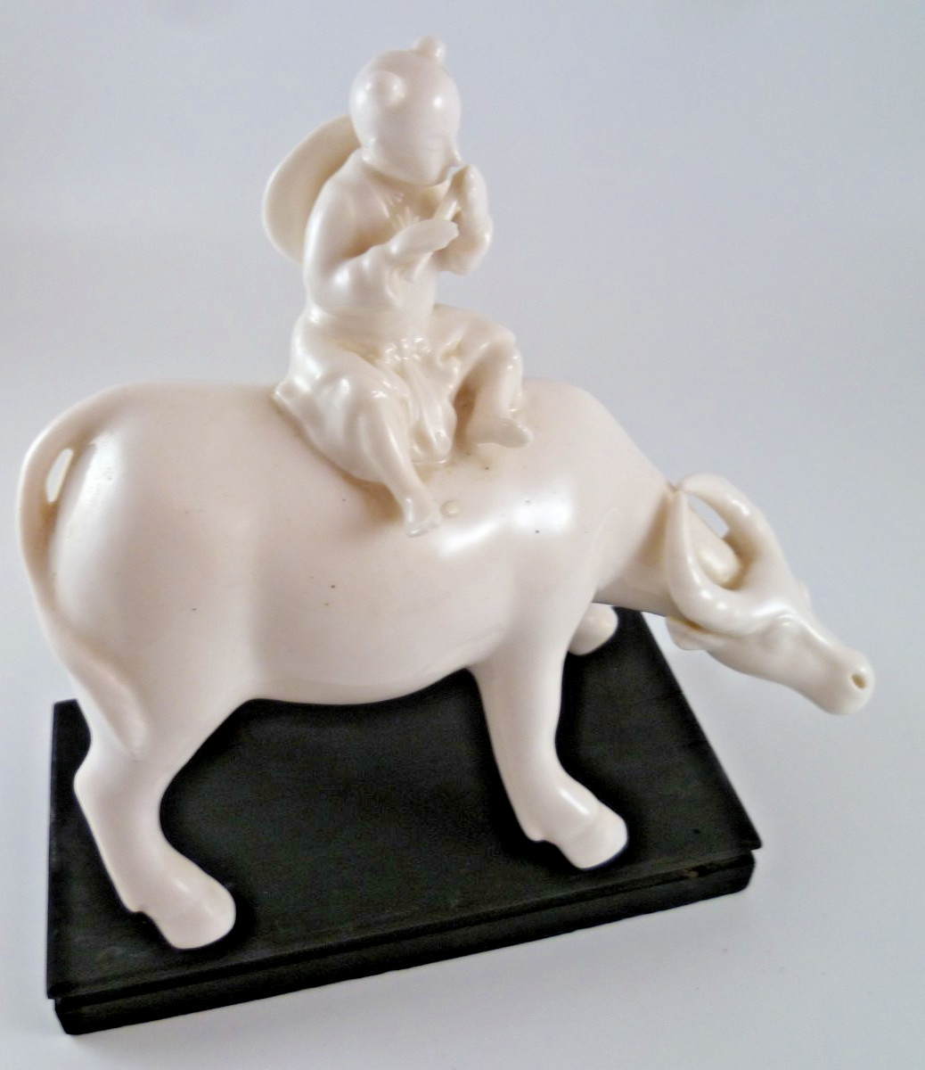 Pair 2 Chinese Blanc de Chine Porcelain Figurine Boy Flute Water Buffalo Read