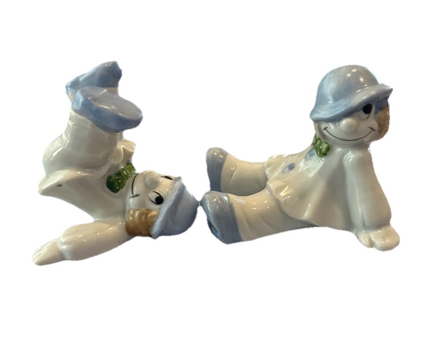 Vintage Ceramic Clown Figurines Pair Blue White Comic Clowns Playful Decor