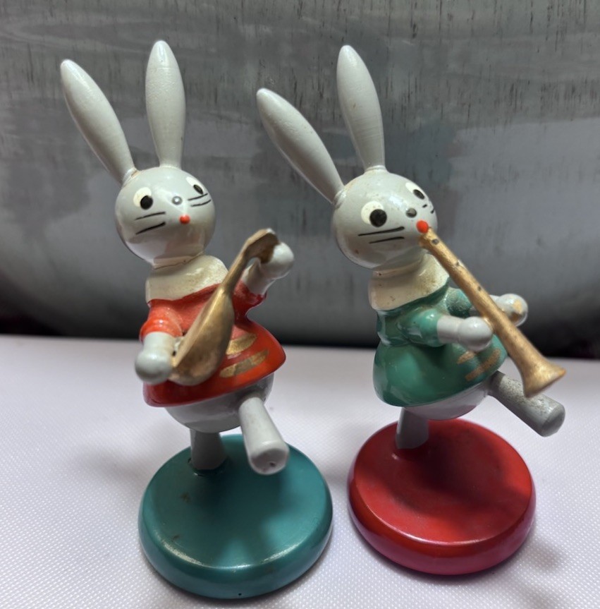 Vintage Spain Goula Rabbits Playing Mandolin Flute Easter Bunny Girls Wooden