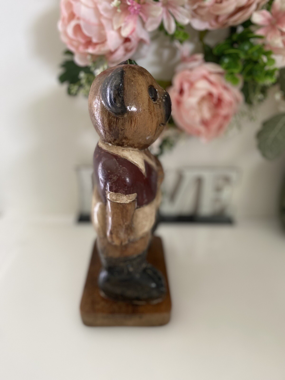 Wooden Bear Handmade Statue 10″ Soccer Teddy Bear Kids Room Vintage Figurine EUC
