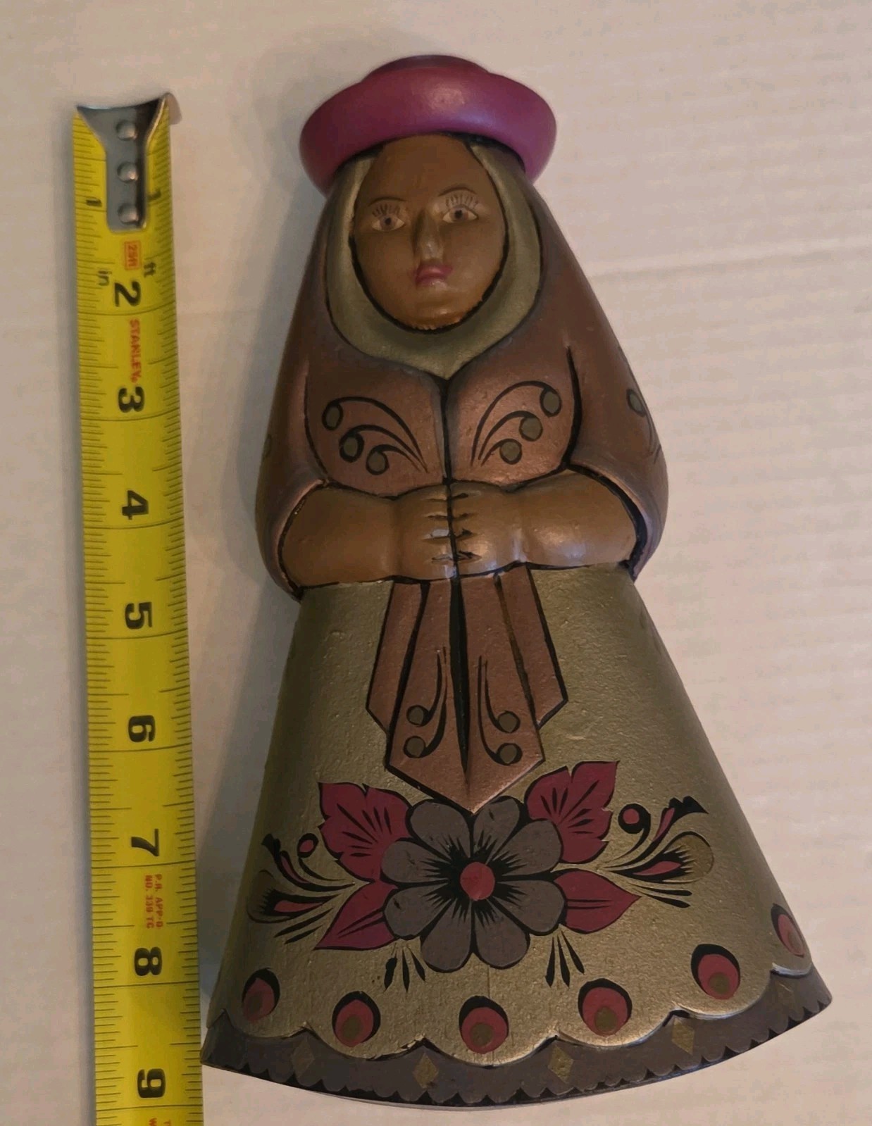 Hand Painted Wood Woman Figurine Brown Gold Pink Floral Design 8 in Tall