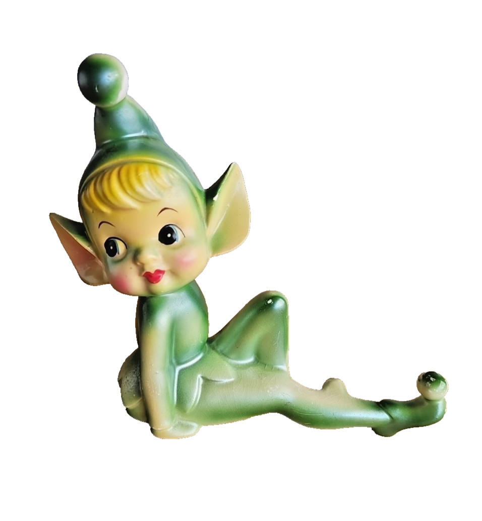 Vintage Bradley Ceramic Pixie Elf Figurine Knee Up 1950s Mid-Century Green Read