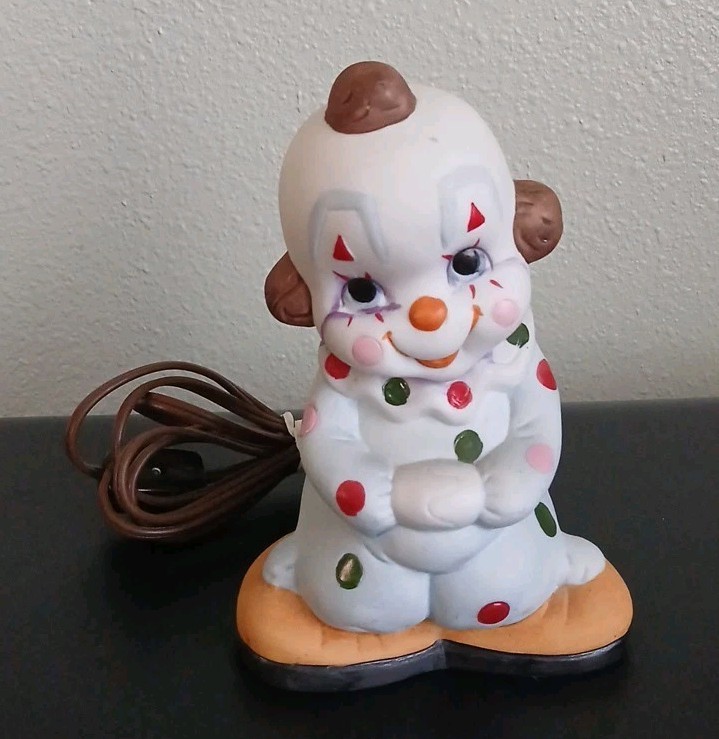 Vtg INTERPUR Lefton Ceramic Clown Night Light Lamp Nursery Decor Polka Dots WORK