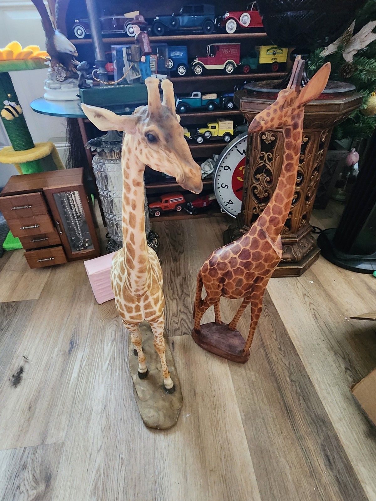 Wood Pair of Hand Painted Giraffe Figurines Brown Beige Safari Animal Decor