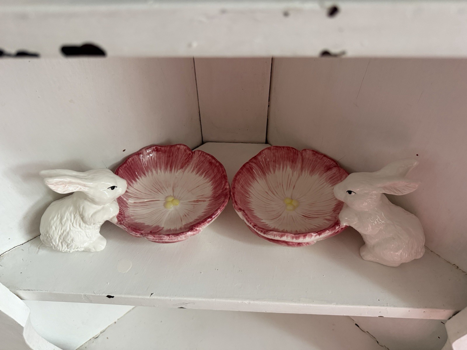 Palm Tree Co Ceramic Hand Painted White/Pink Rabbit Figures/Dish Set of 2 Easter