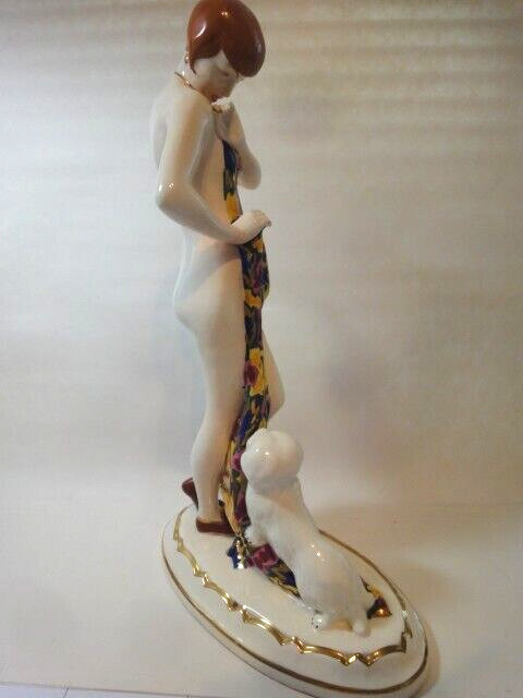 Large Scarce Vintage Royal Dux Art Deco Lady With Dog Figurine, 15.5 in