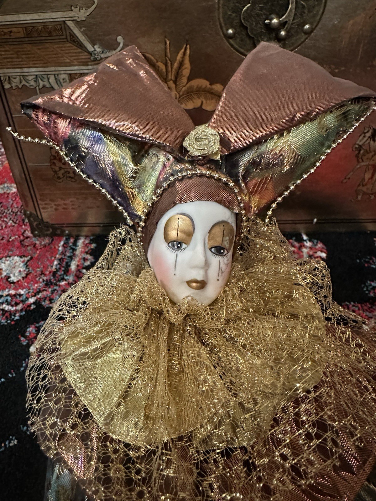 Vintage Gold Purple Red Green Porcelain Jester Harlequin Music Box Doll 22″