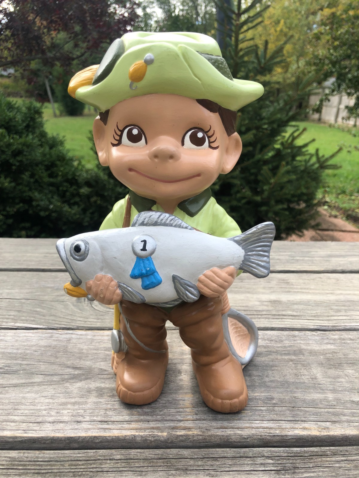 Vintage 1976 Atlantic Mold Ceramic Smiley Boy 1st Place Fish Fisherman