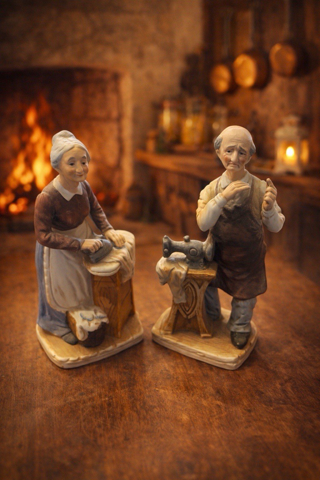 Hand Painted Ceramic Grandparents Figurines Multicolor Early 20th Century Set