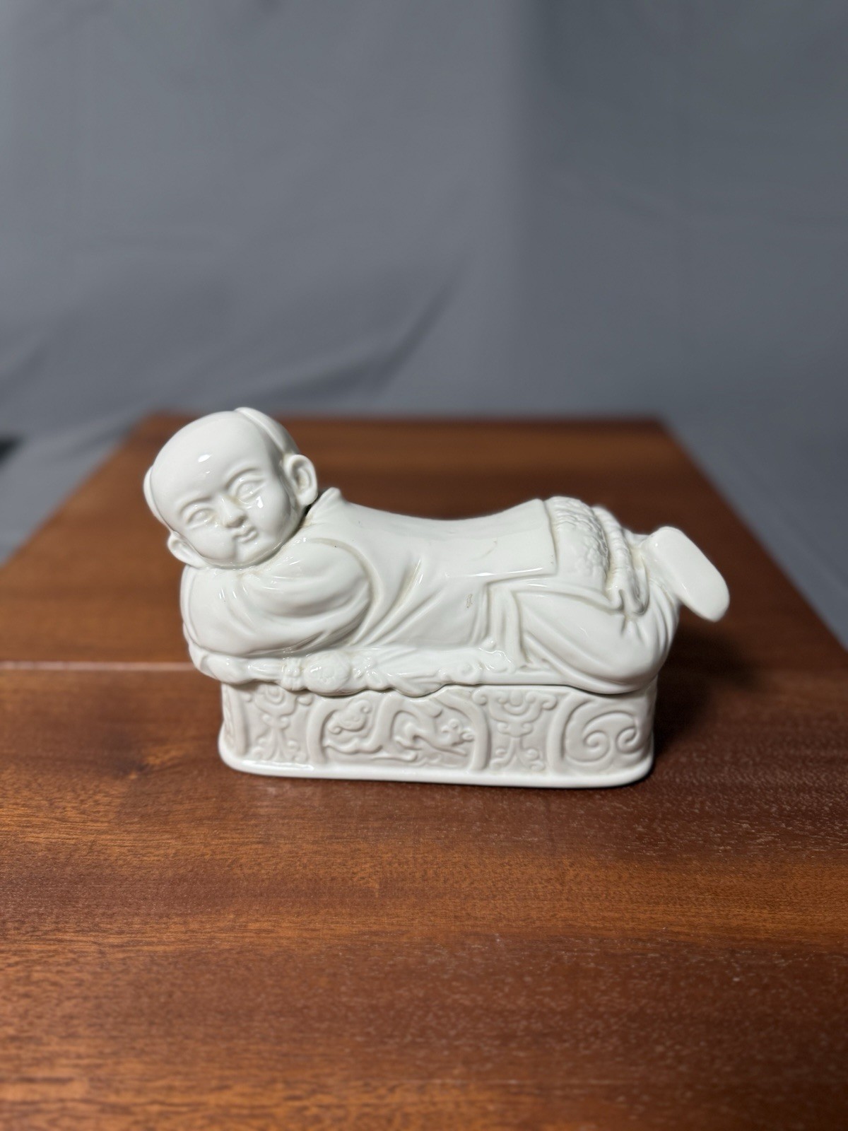 White Porcelain Reclining Child Figurine Trinket Box Asian Style Ceramic