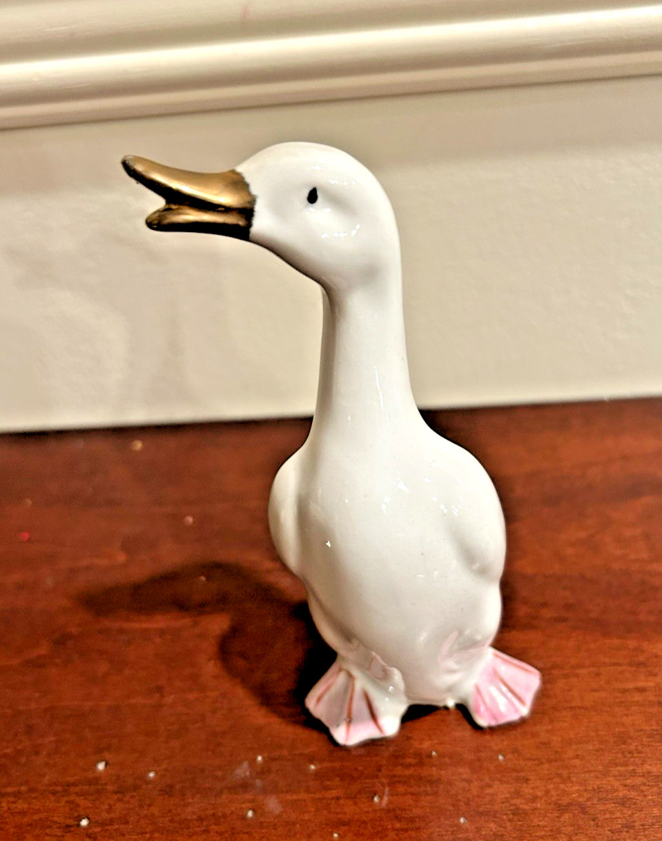 Set Of 3 Porcelain White Ducks with Gold Beaks & Black Accent Feathers-Vintage