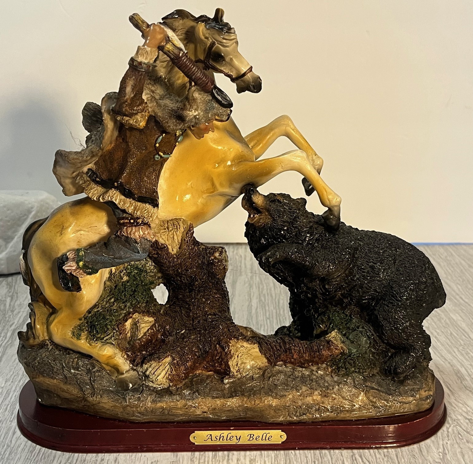 VTG Ashley Belle Native American Warrior on Horseback Fighting Bear Sculpture