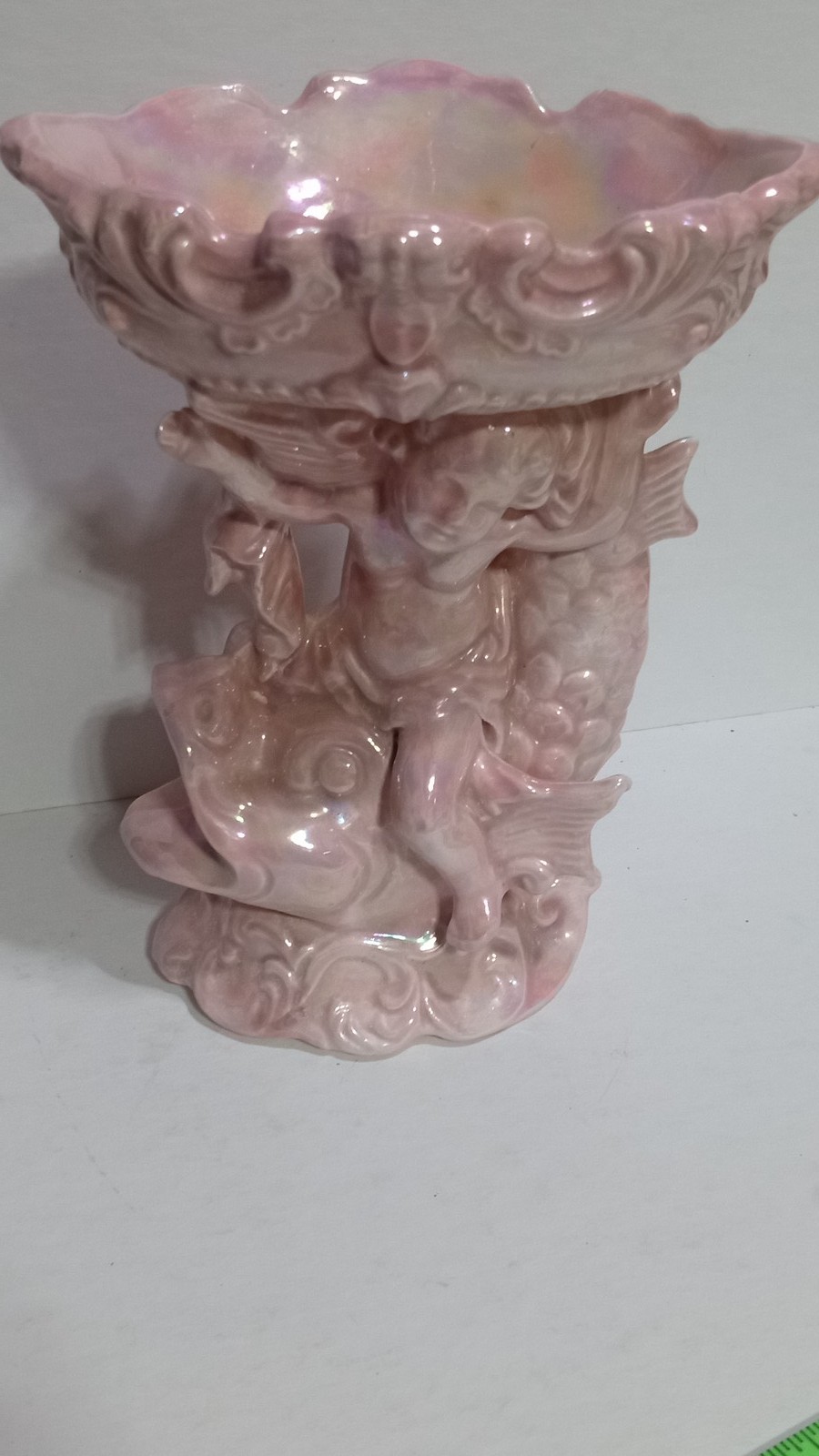 Vintage Pink Iridescent Cherub Fish Figurine Pedestal Bowl Dish Rococo Style