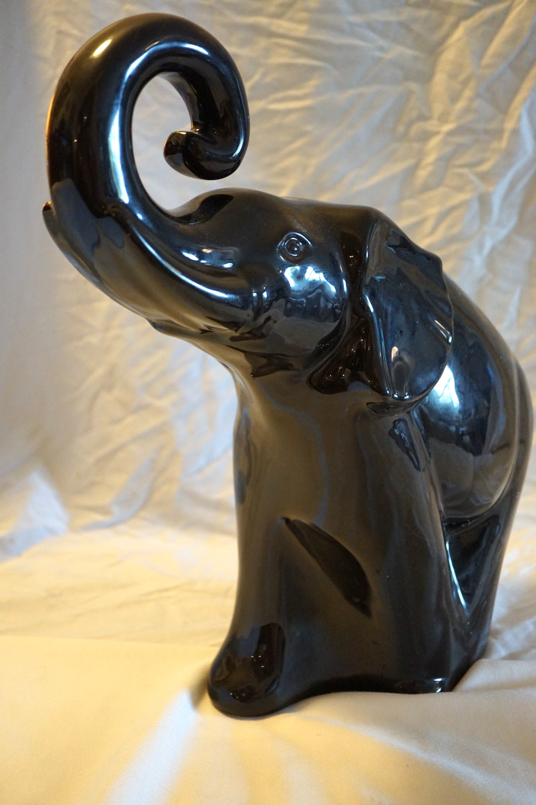 HAEGER LARGE CERAMIC SHINY BLACK ELEPHANT STATUE 17″ TRUNK UP #450