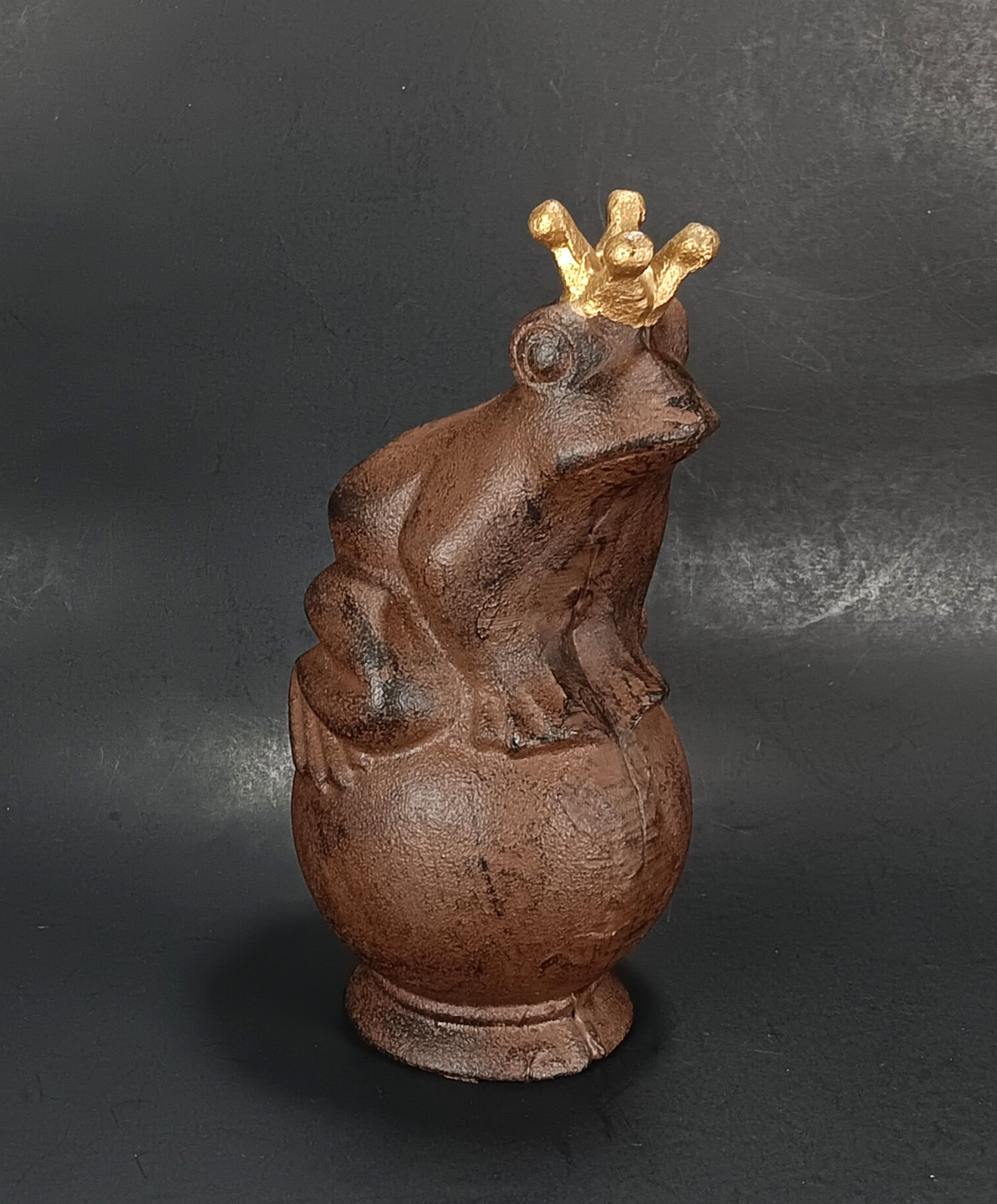 Cast Iron Prince Charming Frog Statue w/ Gold Crown Sitting On Ball 7″ Figure