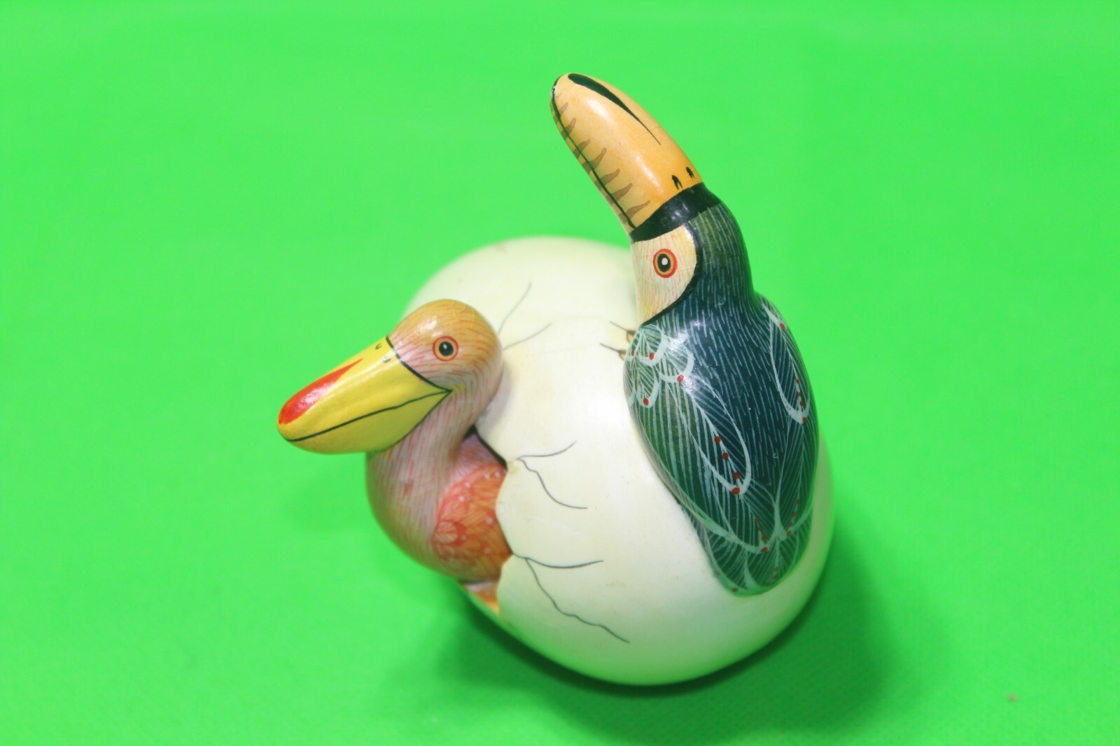 Vintage Macias Signed Figure Cracked Egg Baby Toucan Birds