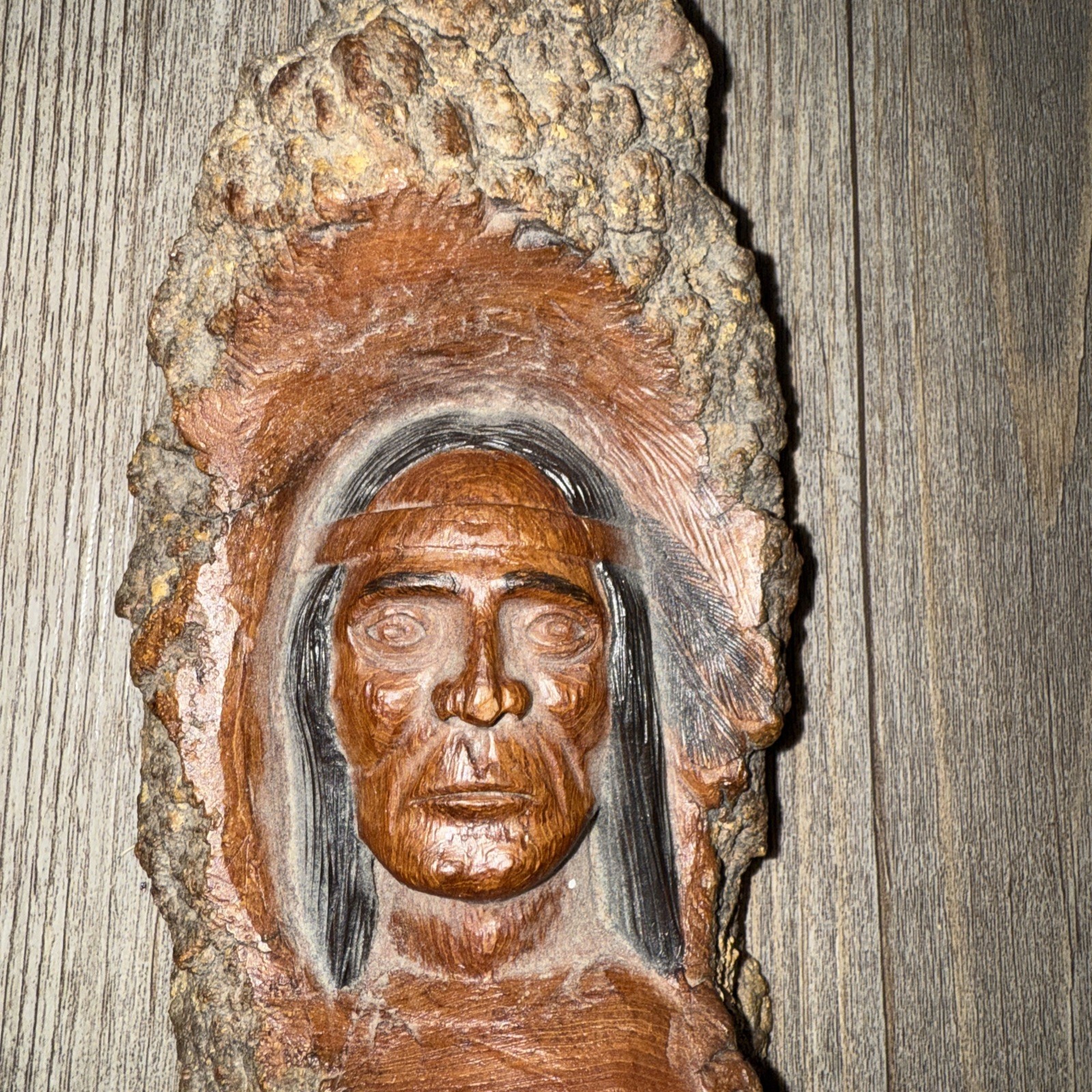 Vintage Hand Carved Wooden Indian/Native American Head Signed Single Wood Piece