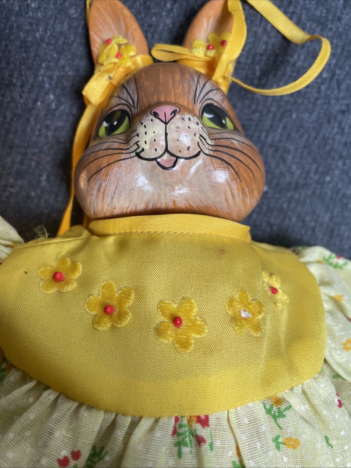 Rabbit Bunny Easter Doll Figurine Shelf Sitter Ceramic Head Spring Yellow