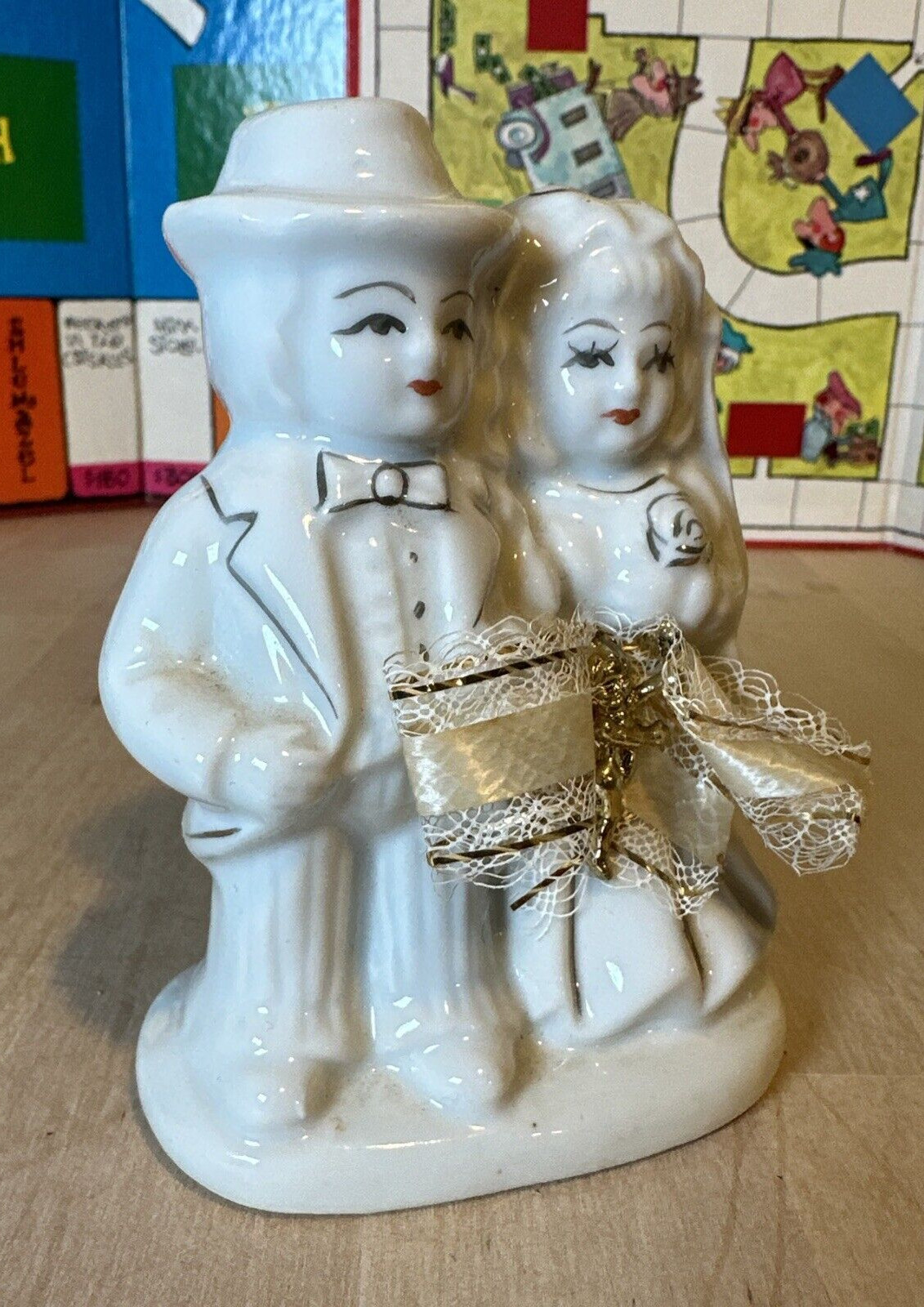 Antique Wedding Cake Topper, Bride & Groom Porcelain Figurine w Ribbon