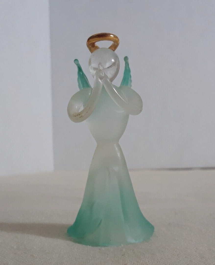 Vintage Praying Angel Frosted Teal with Gold Halo 2.5 in Tall