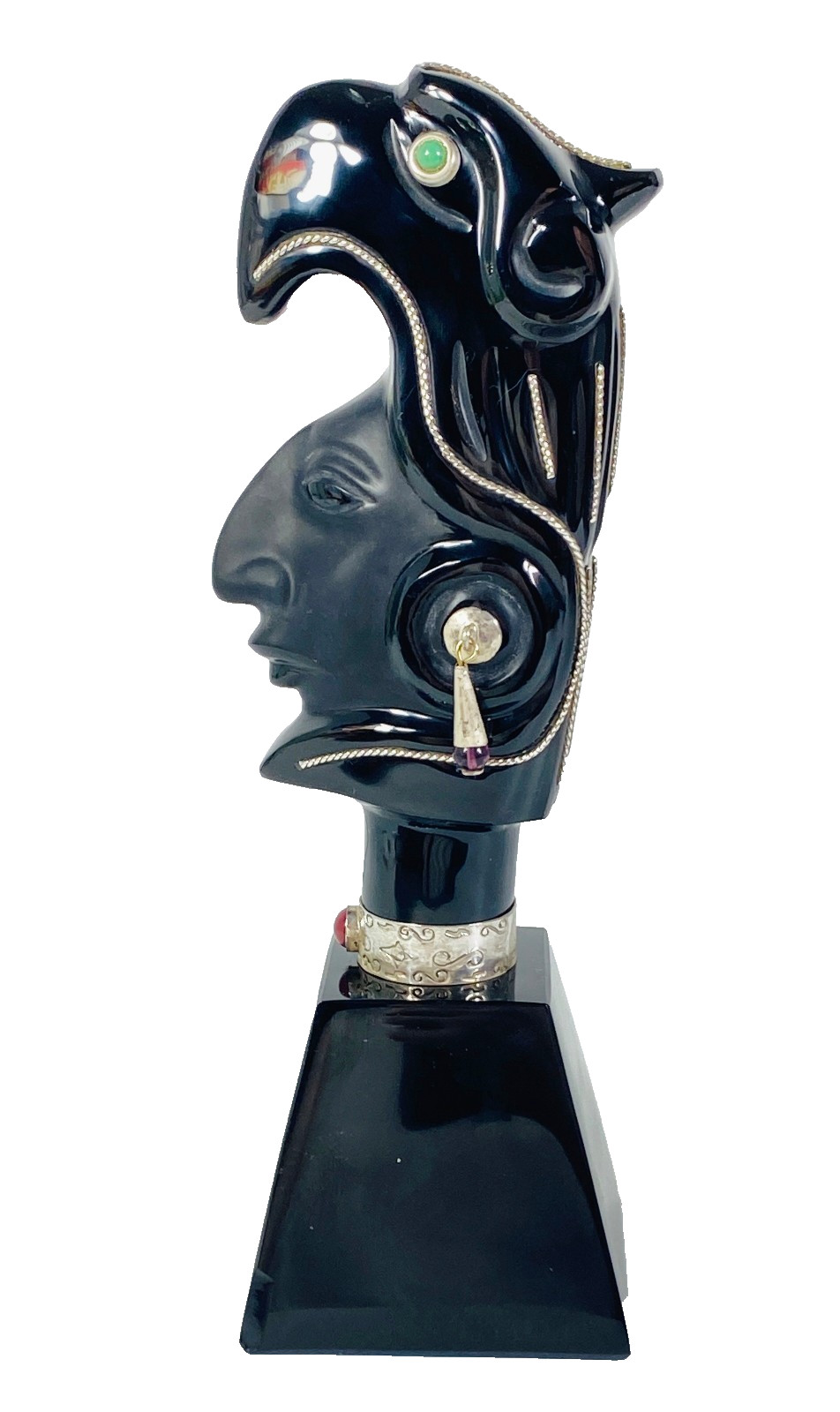 Black Obsidian Eagle Warrior Bust Sculpture Torrescan Taxco Mexico Vintage