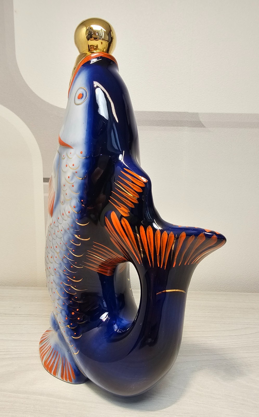 Soviet USSR Ukrainian Porcelain Fish Decanter and 8 Shot Glasses Polonnoye 700ml