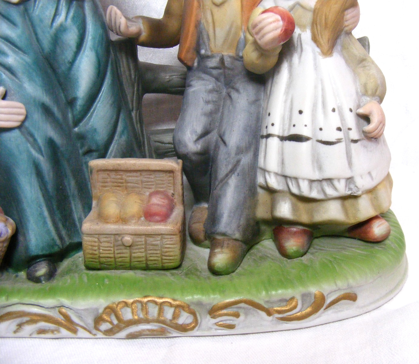 Vintage Decorative Figurine Family Picnic On A Bench Hand Painted Porcelain