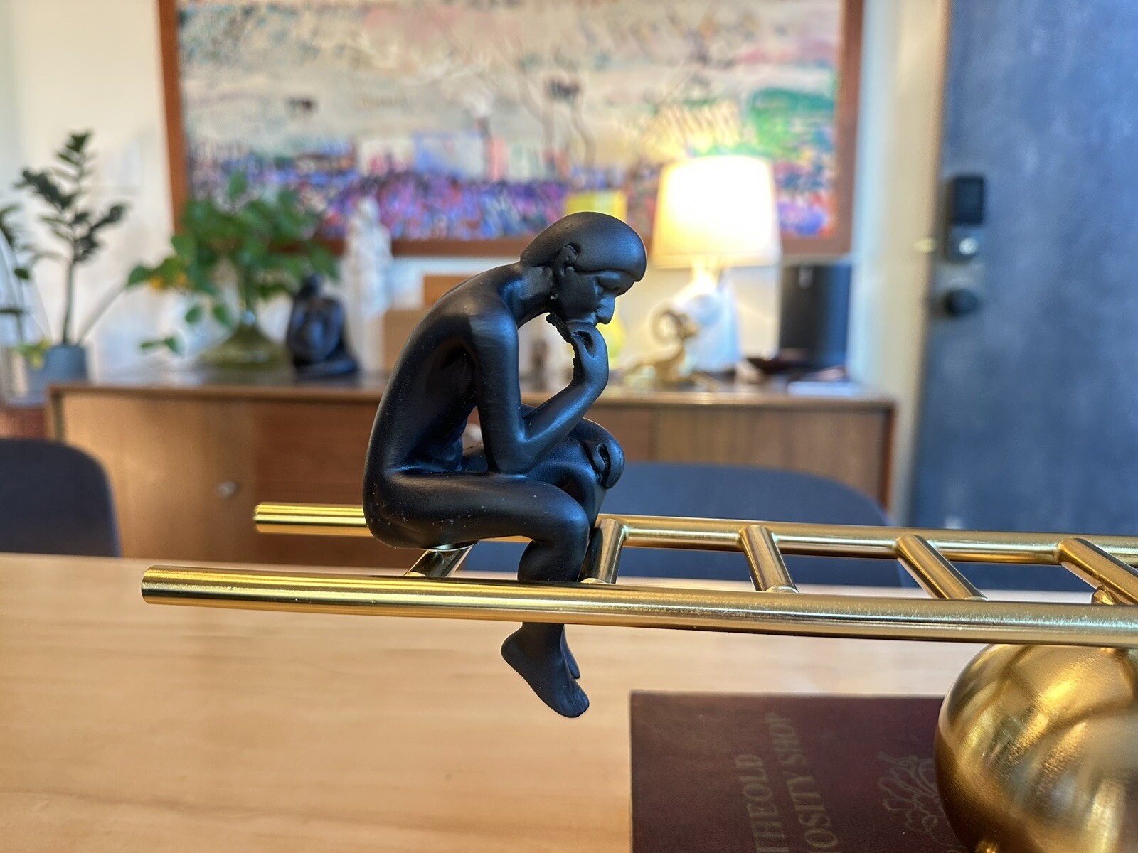Man On The Stairs Thinking Man, Magnetic, Gold Metal, Movable, Balanced, Sturdy