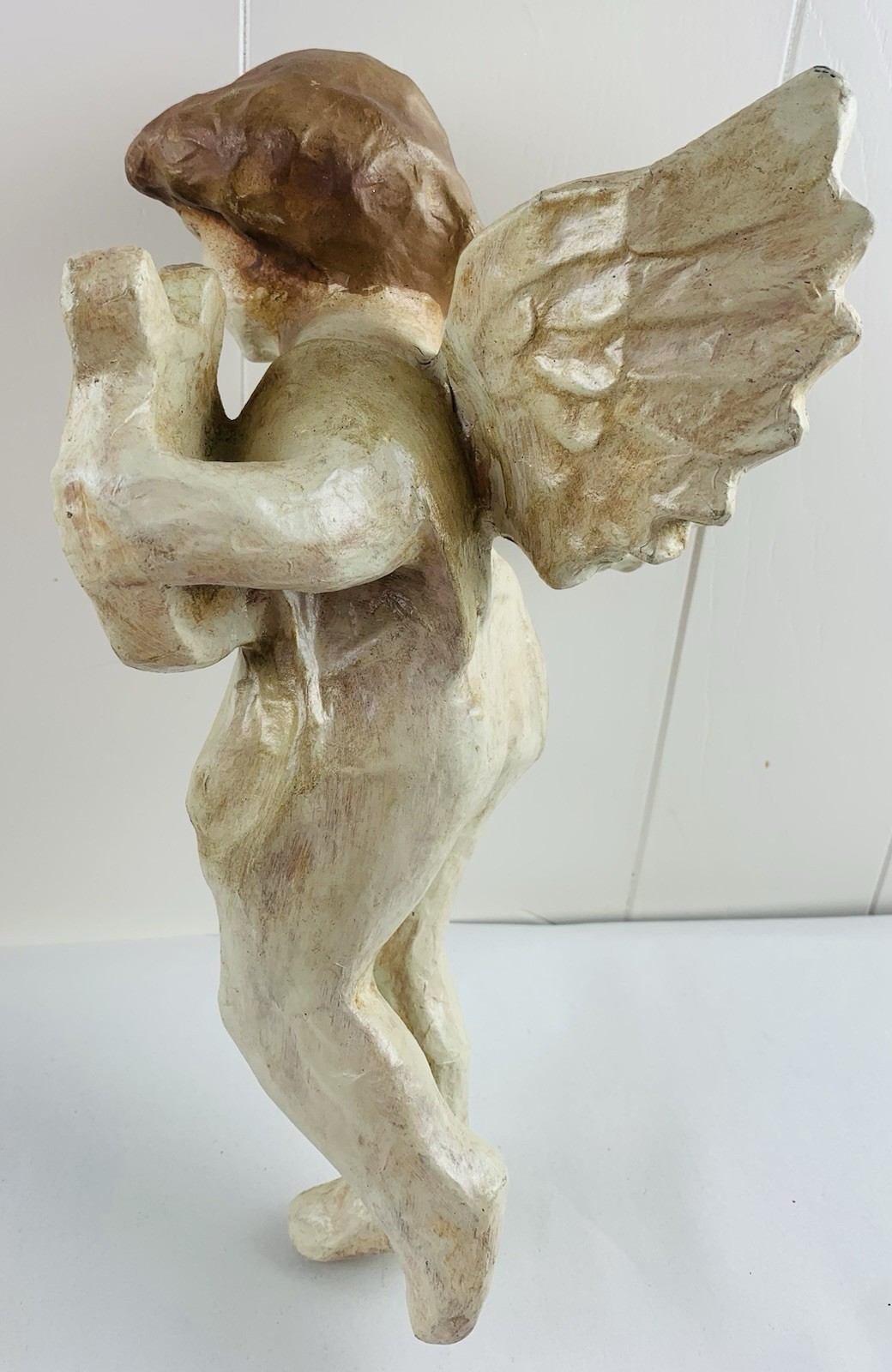 12” Paper Mache Religious Decoration Flying Cherub Angel Playing Harp Vtg READ