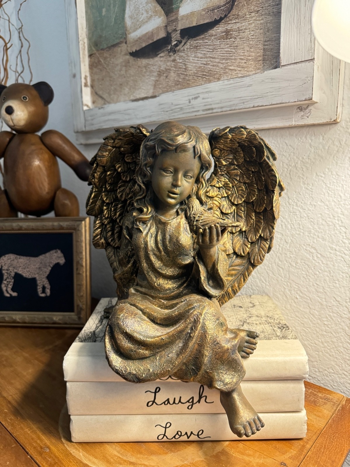 Antique Gold Angel Figurine Statue Cherub Shelfsitter Shelf Sitter 11″ y 9″