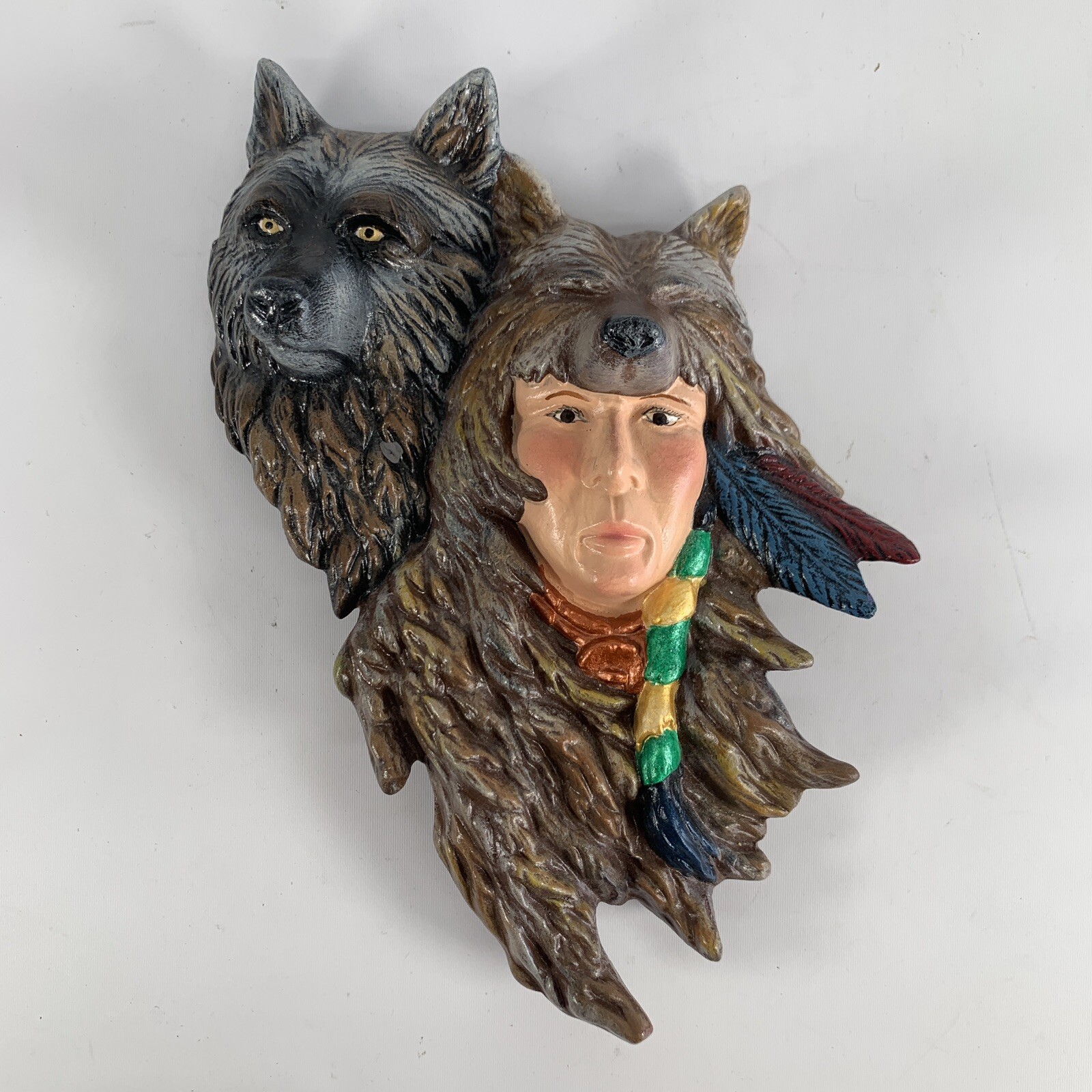 Indian and Wolf Hand Painted Plaster Wall Hanging Vtg Native American 3D Plaque