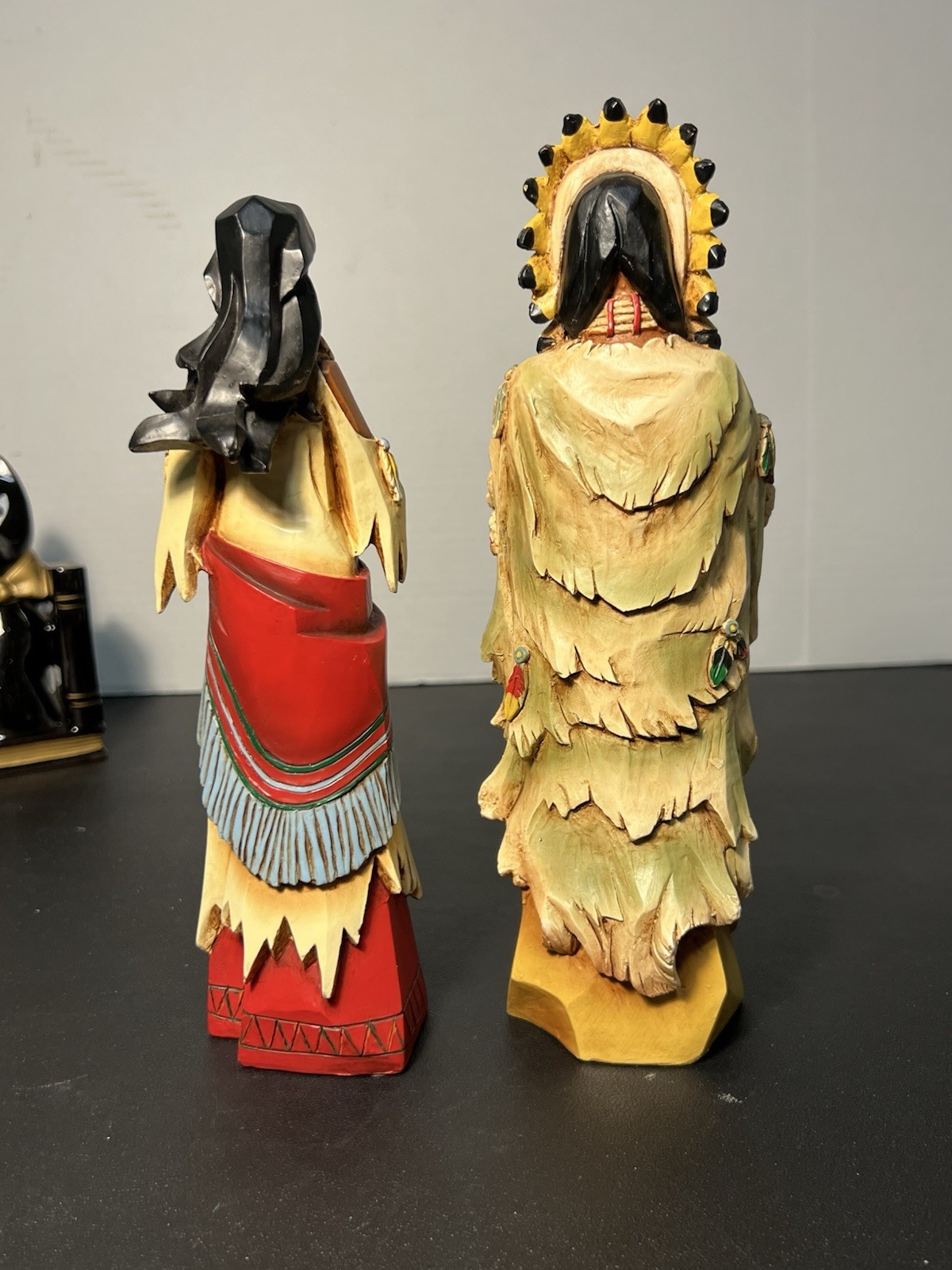 Pacific Rim 1990s Set Of 2 Cubist Native American Figurines Faux Wood Resin
