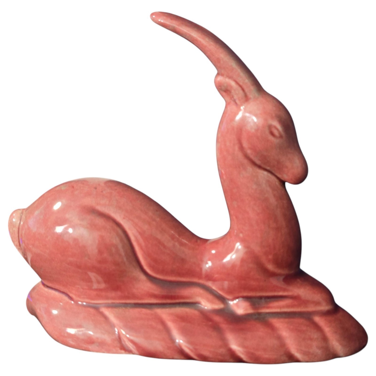 Vintage Gazelle Figurine Ceramic Pottery MCM Deer Art Deco Deep Rose
