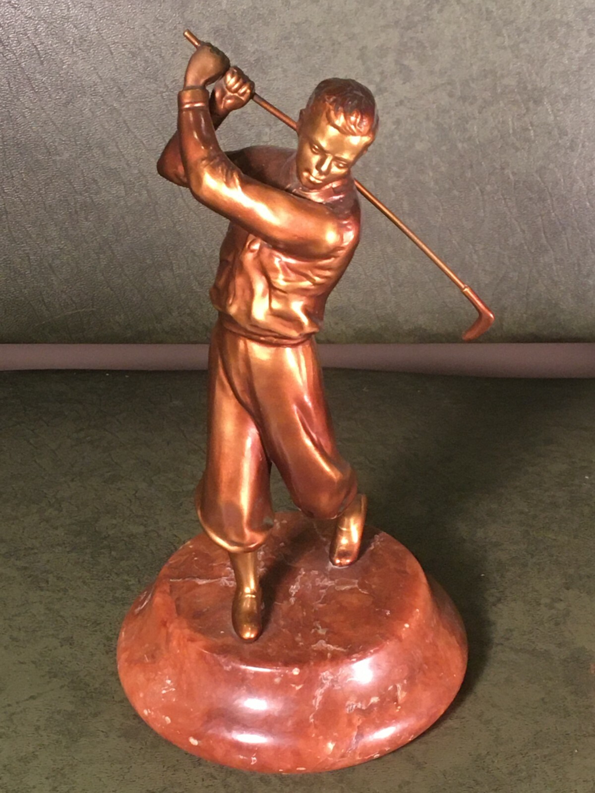 FABULOUS PAIR 1930’s ART DECO ANTIQUE GOLF STATUES PAINTED & MARBLE BASE GOLFER