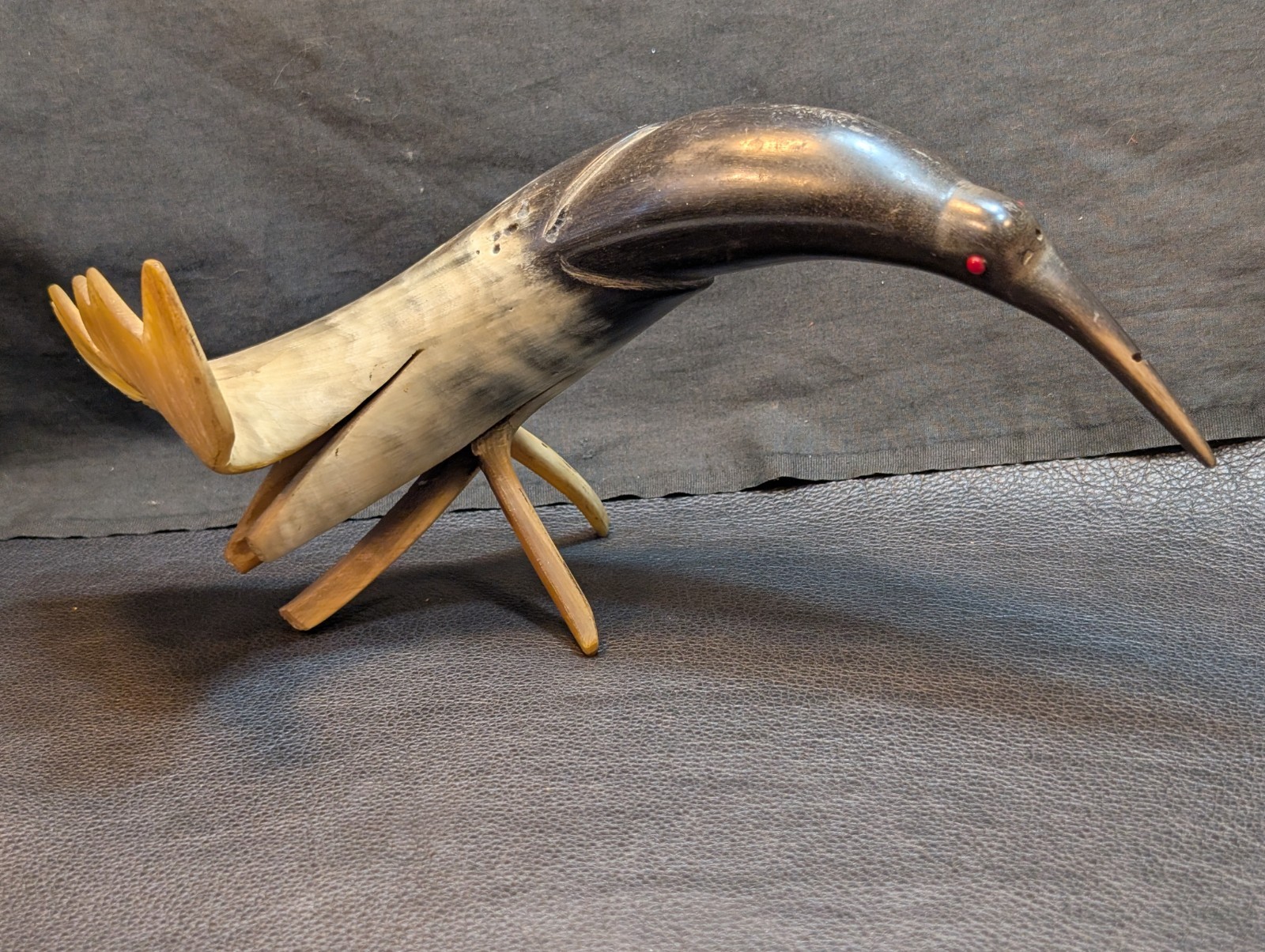 Folk Art Ox/Steer Horn Bird Mid Century Hand Carved Large 13.5in Horn