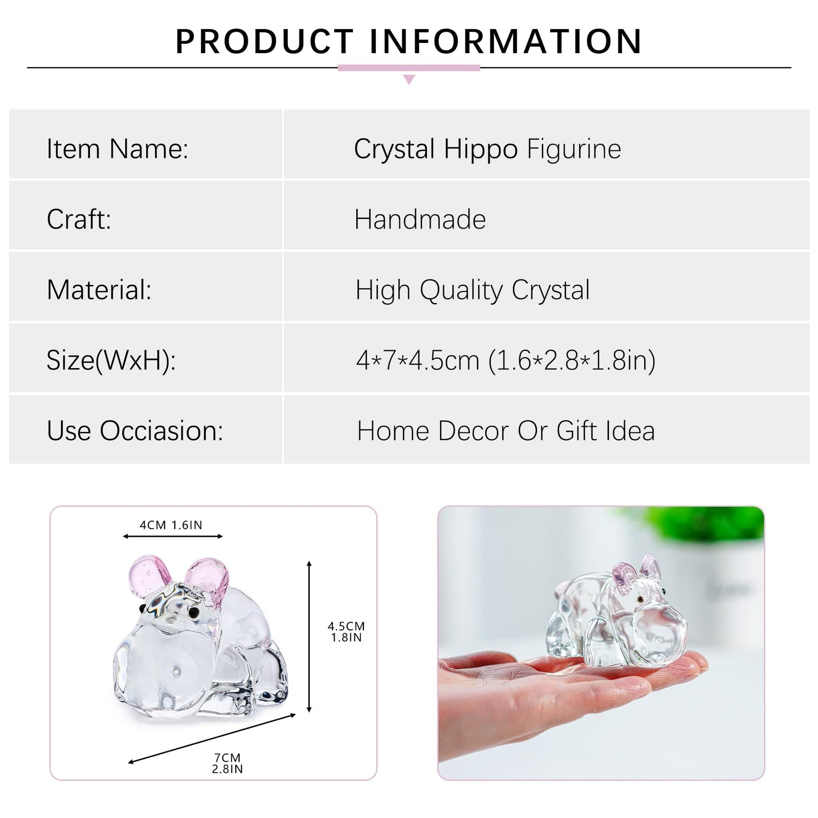 2.8inch Crystal Hippo Figurines Collectibles Gift for Women Art Glass Hippopo…