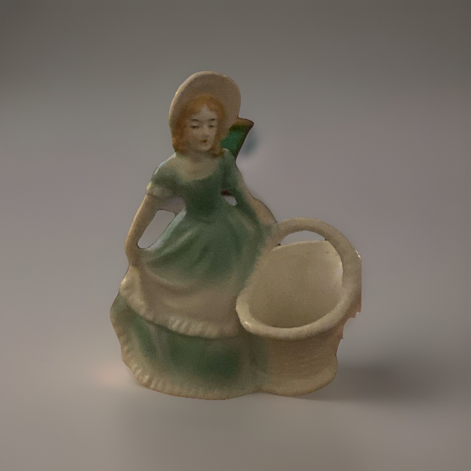 Vintage Porcelain Figurine Girl Green Dress With A Basket Made Czecheoslovakia