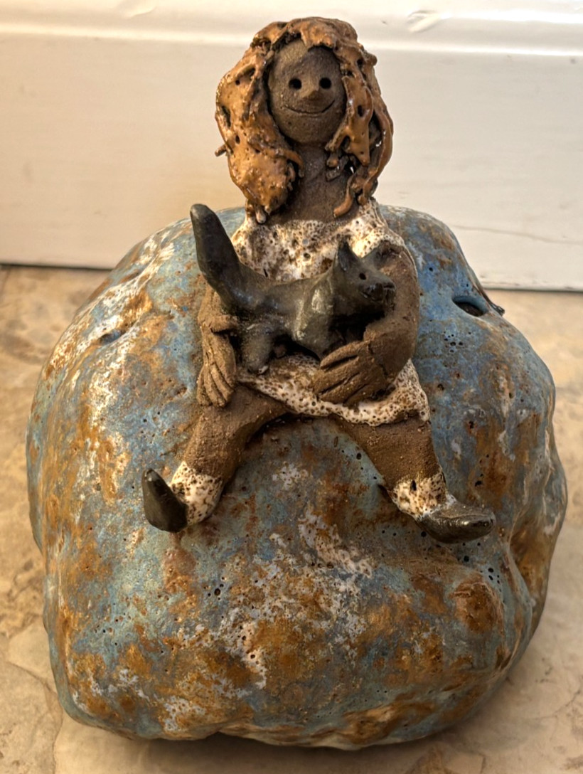 VTG Audrey Nelson Weed People Clay Pottery Sculpture Flower Frog Girl & Blk Cat